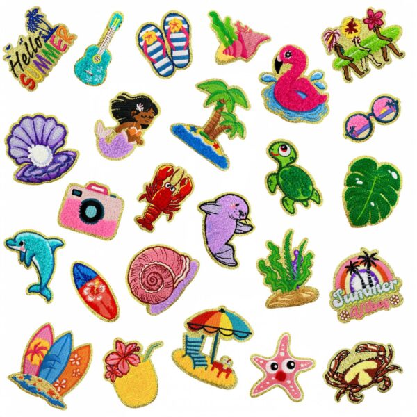 Wholesale Summer Beach Themed Embroidered Patches - 25pcs Cute Cartoon Vacation Style Iron-On Decorative Accent for Clothing Craft Gift Resale