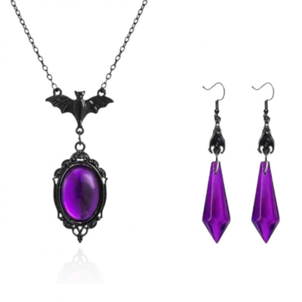 Wholesale Gothic Bat Pendant Necklace and Earrings Set, Purple Crystal Inlay, Fashion Jewelry for Women, Everyday Wear