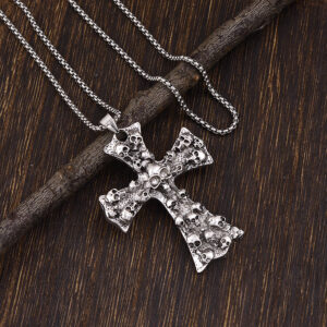 Wholesale Antique Silver Cross Skull Pendant Necklace, Fashion Chain Accessory for Party Gifts