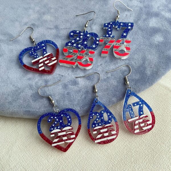 Wholesale USA 250th Anniversary Acrylic Heart Drop Earrings Double Layer Number Design Fashion Accessory Chic Party Gift