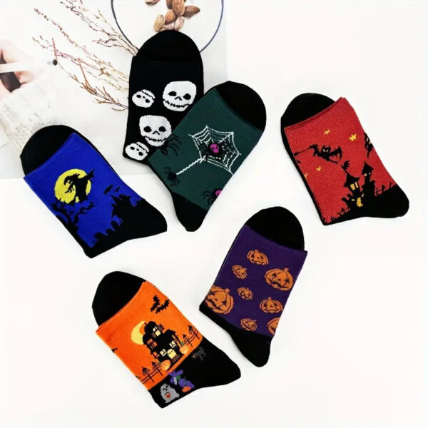 oly-02f9339b9f55434367cd7cdde86278ed Wholesale Polyester Cotton Mid Calf Socks Halloween Skull Pumpkin Bat Cartoon Print for Youth and Adults