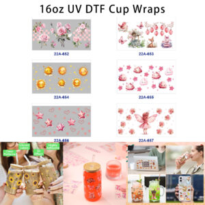 Wholesale 5pcs Blush Tender Watercolor Rose Check Grid Deer Lantern Sun Cloud Star Heart Fairy Sprite Mixed Decor Prints 16oz Cup UV DTF Wraps