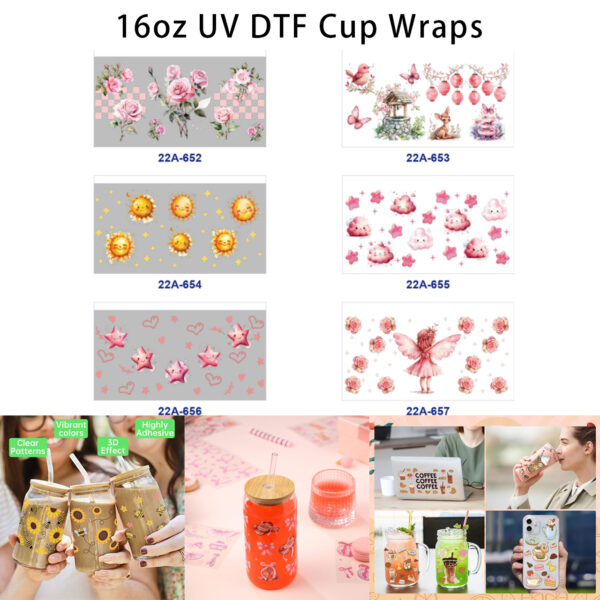 oly-03bb3ede67909bb0b16e1cef5b087265 Wholesale 5pcs Blush Tender Watercolor Rose Check Grid Deer Lantern Sun Cloud Star Heart Fairy Sprite Mixed Decor Prints 16oz Cup UV DTF Wraps