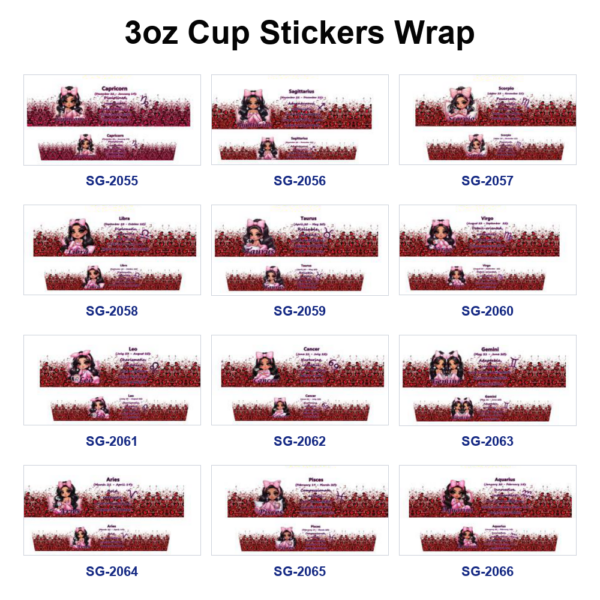 oly-043393d6fe50e0a580b1e979ae8e1d61 Wholesale 8pcs Mixed Zodiac Horoscope Girl Print 3oz Cup Stickers Wrap OLY Exclusive