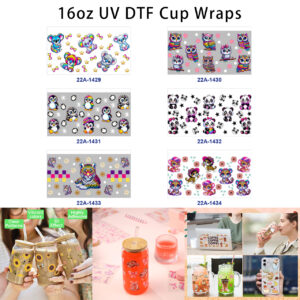 oly-053a3fbc061f8717c5d086537ae6d8ca Wholesale 5pcs Vibrant Rainbow Tie Dye Cute Cartoon Koala Owl Penguin Panda Leopard Bow Flower Star Mixed Decor Prints 16oz Cup UV DTF Wraps