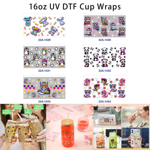 oly-053a3fbc061f8717c5d086537ae6d8ca Wholesale 5pcs Vibrant Rainbow Tie Dye Cute Cartoon Koala Owl Penguin Panda Leopard Bow Flower Star Mixed Decor Prints 16oz Cup UV DTF Wraps