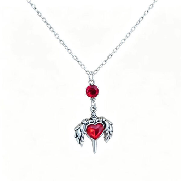 Wholesale Gothic Red Rhinestone Wing Dagger Heart Pendant Necklace Vintage Silver Plated Y2K Chic Choker Fashion Jewelry Accessory for Resale