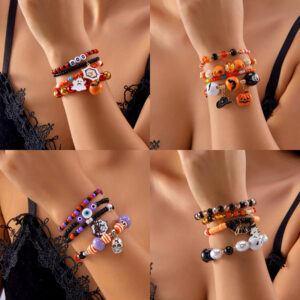 oly-070a34c63aa897acc649b1d47bce032f Wholesale Halloween Pumpkin Skull Elastic Bracelet Set - Fashion Jewelry Accessory Gift for Party Boutique Resale