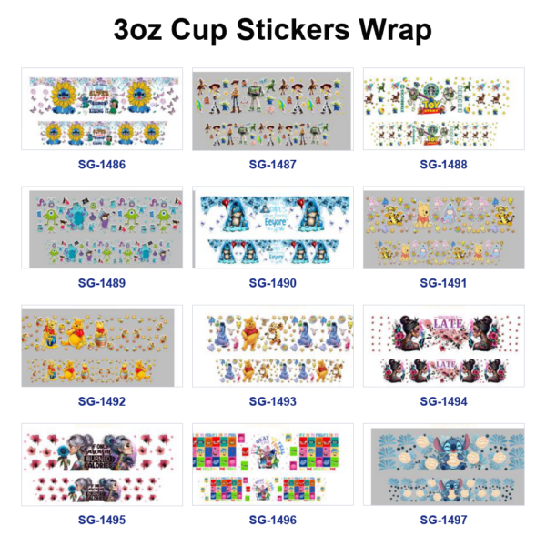 oly-0735db349b429b8893408c41bc1ae006 Wholesale 8pcs Mixed Cartoon Animal Floral Portrait Print 3oz Cup Stickers Wrap OLY Exclusive