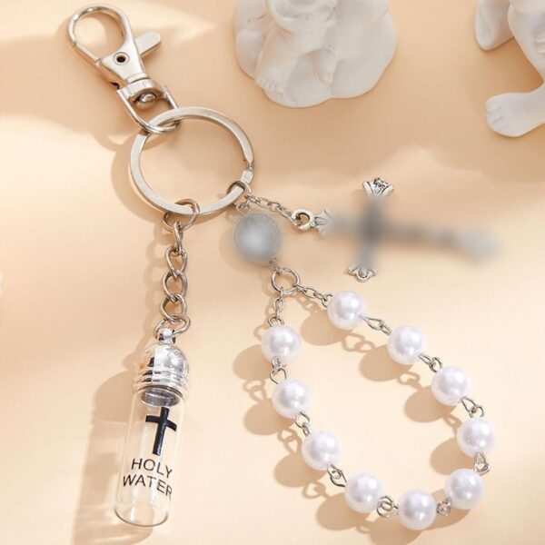 Wholesale Glass Cross Holy Water Bottle Keychain Pearl Pendant, Baptism Party Gift Accessory
