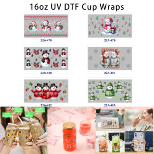 Wholesale 5pcs Cute Winter Christmas Snowman Holiday Element Mixed Decor Prints 16oz Cup UV DTF Wraps
