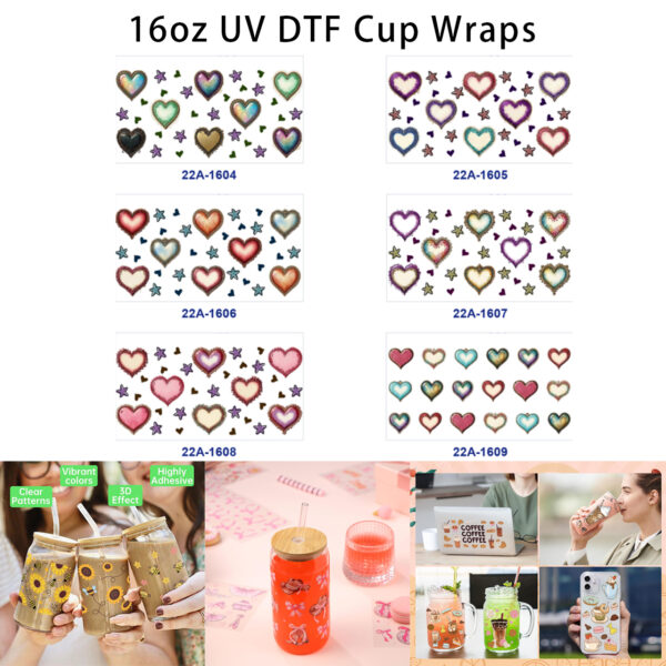 Wholesale 5pcs Vintage Distressed Gradient Heart Star Mixed Decor Prints 16oz Cup UV DTF Wraps