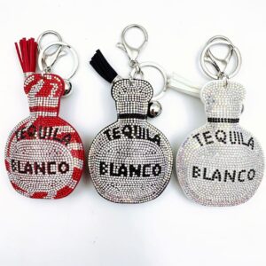 Wholesale Rhinestone Perfume Bottle Keychain Leather Tassel Bag Charm Trendy Gift Accessory