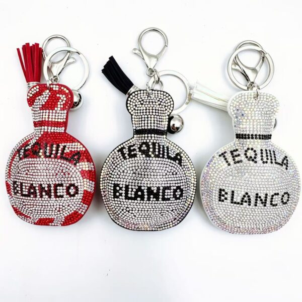 Wholesale Rhinestone Perfume Bottle Keychain Leather Tassel Bag Charm Trendy Gift Accessory