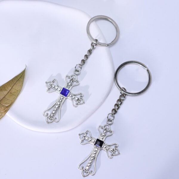 Wholesale European Style Cross Pendant Keychain Titanium Steel Rhinestone Dark Blue Fashion Accessory