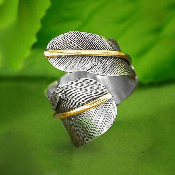 Wholesale Retro Cool Two-Tone Feather Open Ring Silver Adjustable Fashion Jewelry Accessory