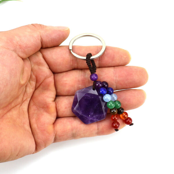 oly-09ef1cb733c5e32555bd52b7e200bf20 Wholesale Natural Crystal Stone Hexagram Keychain Pendant with Chakra Beads Decorative Bag Accessory