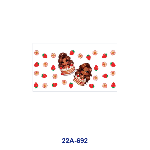 oly-0a02e8834d690fd96cd88d5dc2f74c5c Wholesale 5pcs Luscious Sweet Cartoon Curly Hair Girl Donut Popcorn Watermelon Cupcake Strawberry Cream Dessert Heart Star Mixed Decor Prints 16oz Cup UV DTF Wraps