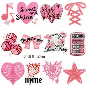 Cartoon black and pink fabric patch set - 12 pieces