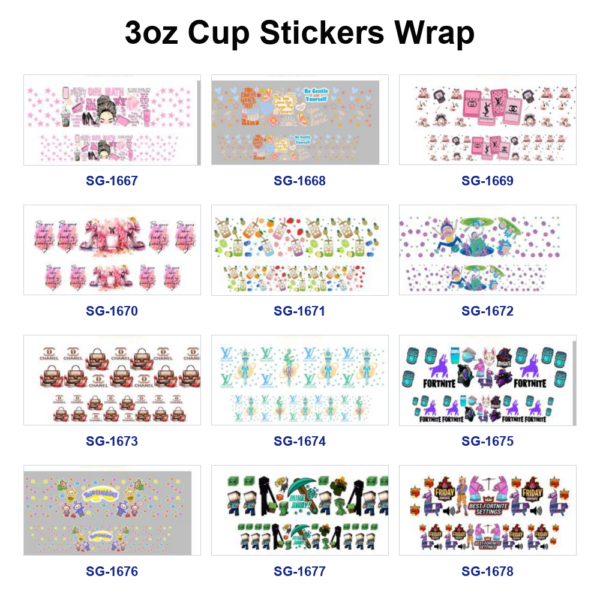 oly-0a969b9522633c0b5d46d2516cea3df5 Wholesale 8pcs Assorted Designs 3oz Cup Stickers Wrap OLY Exclusive