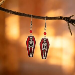 Coffin skull pendant ear hooks - red pair