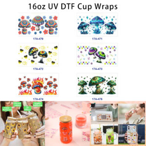 Wholesale 5pcs Hippie Tie Dye Mushroom Flower Crystal Heart Pixel Flame Leaf Mixed Decor Prints 16oz Cup UV DTF Wraps
