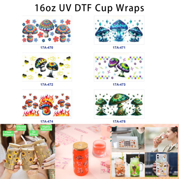 Wholesale 5pcs Hippie Tie Dye Mushroom Flower Crystal Heart Pixel Flame Leaf Mixed Decor Prints 16oz Cup UV DTF Wraps
