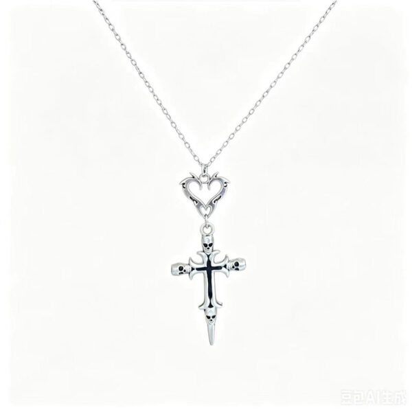oly-0b217d4423bd237e97d4e381cbcecf4e Wholesale Gothic Flame Heart Skull Cross Pendant Necklace Vintage Silver Finish Y2K Fashion Accessory
