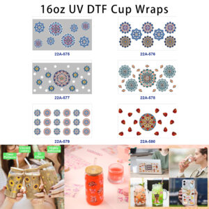 Wholesale 5pcs Exotic Vintage Circular Mandala Star Bloom Dot Petals Assorted Decor Prints 16oz Cup UV DTF Wraps
