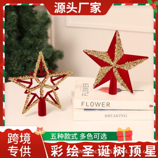 Wholesale Plastic Flocked Christmas Tree Top Star Burgundy Painted Decorative Holiday Ornament Gift