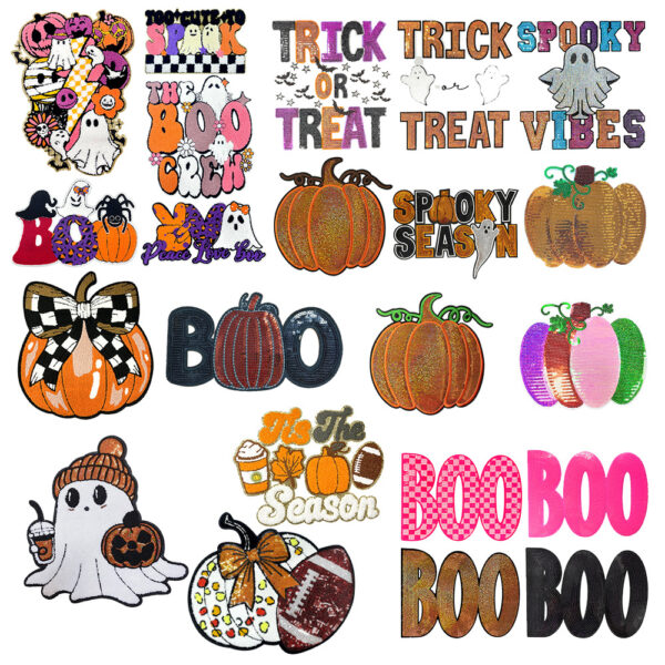 Wholesale Party Halloween Embroidered Patch Pumpkin Boo Letter Iron-On Applique for Costume DIY Accessory