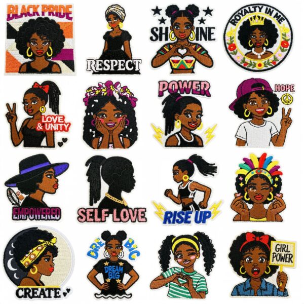 oly-0c29cf2db11bef945126c6a47d5156fd Wholesale Chic Black Girl Applique Patches Set - 16 Pcs Polyester Thread Fashion Accessory