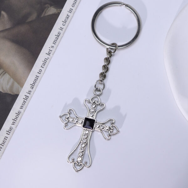 Wholesale European Style Cross Pendant Keychain Titanium Steel Rhinestone Dark Blue Fashion Accessory