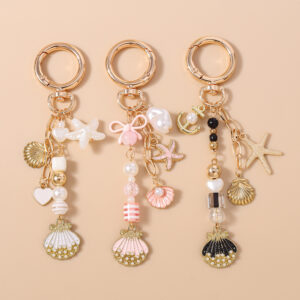 oly-0d0f90c9f02eb43cb469328b0017aedf Wholesale Cute Shell Starfish Pearl Beaded Keychain Zinc Alloy Decorative Accessory for Bag Charm or Gift