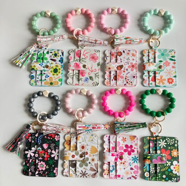 Wholesale Dark Pink PU Floral Card Holder Wallet with Keychain Fashion Accessory