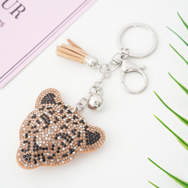 Wholesale Stylish Khaki Leather Cheetah Rhinestone Tassel Keychain Bag Charm Car Key Accessory Gift