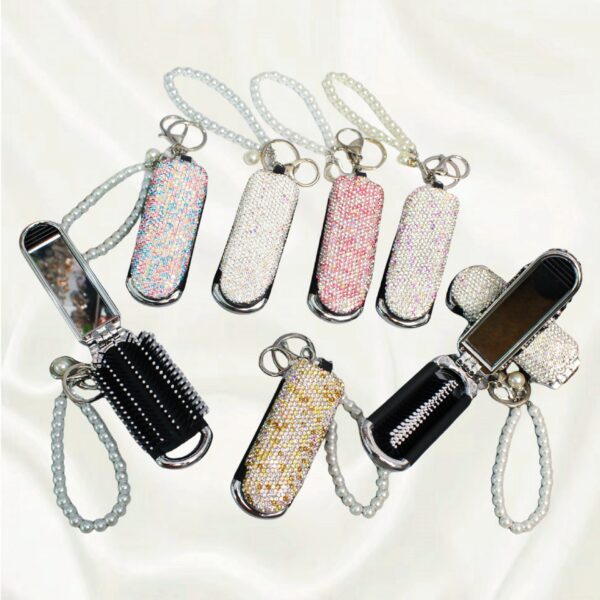 oly-0e8fb504ce8cf3168f9c39720c9bf244 Wholesale Fashion White Abalone Rhinestone Comb and Mirror Keychain, Portable 2 in 1 Hair Comb and Makeup Mirror Key Ring Accessory
