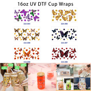 oly-0fa047475f19f2a130b00629c5ed3feb Wholesale 5pcs Watercolor Colorful Butterfly Sunflower Rose Floral Mixed Decor Prints 16oz Cup UV DTF Wraps