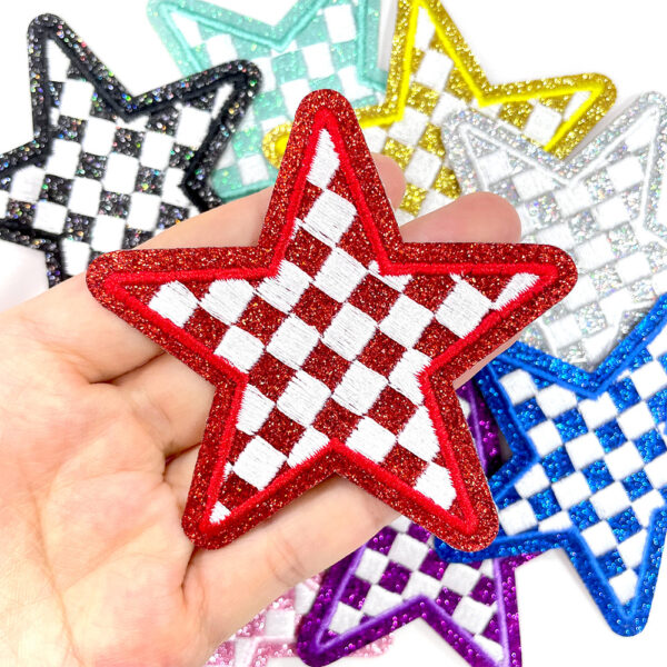 oly-0fcc68f0205063b9fc60c54b916282ae Wholesale Trendy Five pointed Star Embroidered Patch Glitter Polyester Hot Melt Adhesive 8 Colors DIY Accessory for Shoes Hats Bags