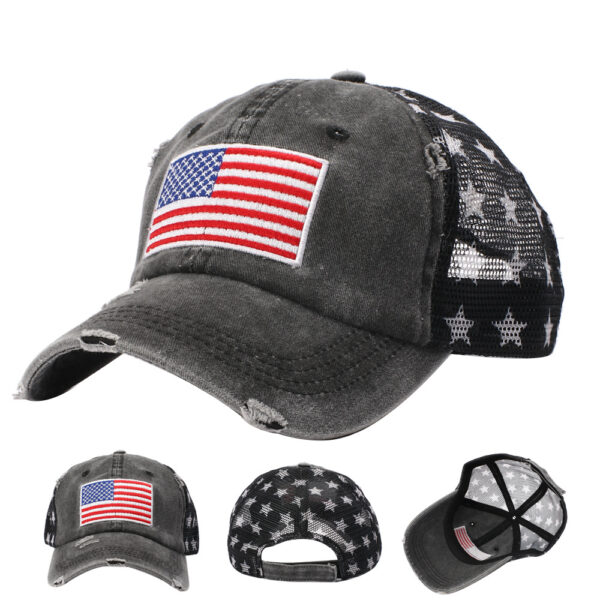 oly-0fd2038a66971d143d6a0edec0d544f7 Wholesale Adjustable Mesh Cap with American Flag Embroidery Patriotic Fashion Baseball Hat