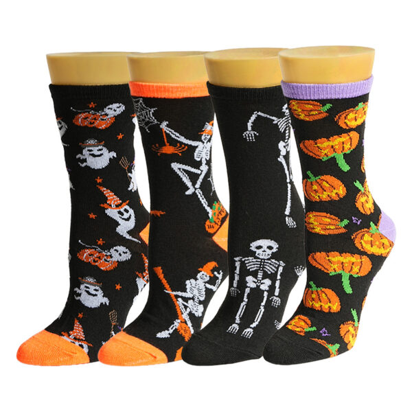 Wholesale Polyester Cotton Moisture Wicking Mid Calf Socks Halloween Cartoon Pumpkin Skeleton Unisex Party Socks