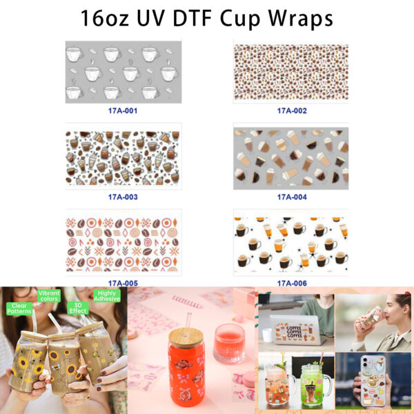 oly-113c734c40b1f67a7853ef81316324f5 Wholesale 5pcs Daily Leisure Hand Drawn Coffee Cup Coffee Bean Hot Drink Mixed Decor Prints 16oz Cup UV DTF Wraps