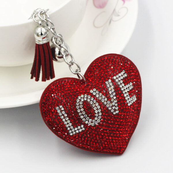 Wholesale Pink Flannel Rhinestone Love Heart Bag Charm Keychain Fashion Accessory