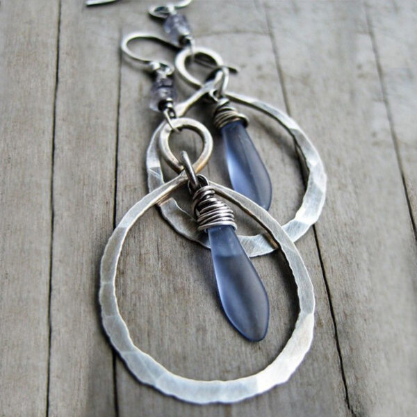 oly-126d95e60b2124c5011a2381b08b8adc Wholesale Vintage Hammered Moonstone Ear Drops Ancient Silver Alloy Ethnic Style Fashion Jewelry Accessory for Boutique Resale