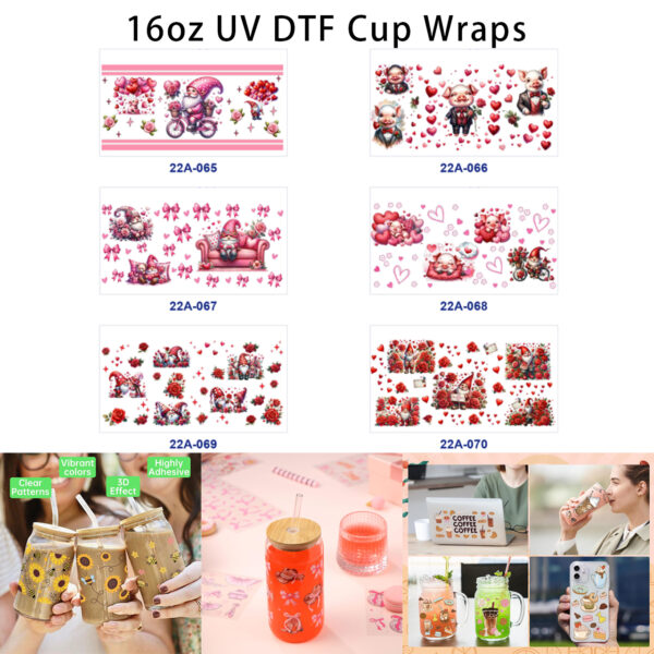 oly-149ed1200d5a6ed65d9d6dc00ad7d48f Wholesale 5pcs Valentine Garden Sprite Cute Pig Red Pink Rose Heart Bow Mixed Floral Print 16oz Cup UV DTF Wraps