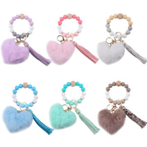 oly-14bbe9133314061d7b34e9677379f8b8 Wholesale European Style Silicone Beaded Wrist Keychain with Leather Tassel Chic Boutique Key Ring Accessory for Daily Use or Gifts