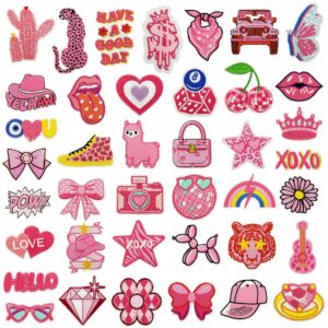 oly-1561fd3c91a0ce050e09849ef427068d Wholesale Polyester Thread Embroidered Iron-On Patches Pink Cartoon Bow Flower Decorative Craft Sewing Accessories Gift Resale