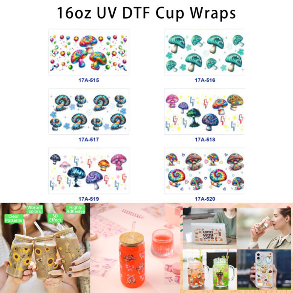 oly-1575155e05013c85861061e6d0072abf Wholesale 5pcs Tie Dye Psychedelic Mushroom Balloon Clover Lightning Star Heart Mixed Decor Prints 16oz Cup UV DTF Wraps