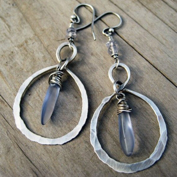 oly-1582500dd2e97b6b848e9bead0fc378a Wholesale Vintage Hammered Moonstone Ear Drops Ancient Silver Alloy Ethnic Style Fashion Jewelry Accessory for Boutique Resale
