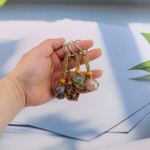 oly-162fa080e71d56848a4010381b94bf70 Wholesale Natural Amethyst Tiger Stone Keychain Adjustable Mesh Bag Charm Decorative Key Ring